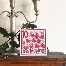 Load image into Gallery viewer, Ten Lords a Leaping Greetings Card lino cut by Kate Guy
