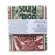 Load image into Gallery viewer, Twelve Days of Christmas organic cotton tea towel, lino cut print by Kate Guy
