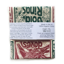 Load image into Gallery viewer, Twelve Days of Christmas organic cotton tea towel, lino cut print by Kate Guy