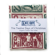 Load image into Gallery viewer, Twelve Days of Christmas organic cotton tea towel, lino cut print by Kate Guy