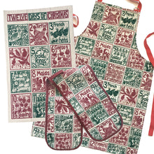 Load image into Gallery viewer, Christmas Gift Set Tea Towel, Apron and Double Oven Glove illustrated recipes mix and match Kate Guy Prints