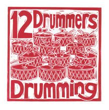 Load image into Gallery viewer, Twelve Drummers Drumming Greetings Card lino cut by Kate Guy