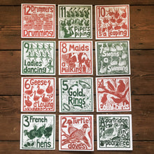 Load image into Gallery viewer, Set of 12 Greetings Cards of The Twelve Days of Christmas lino cut print by Kate Guy