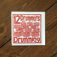 Load image into Gallery viewer, Twelve Drummers Drumming Greetings Card lino cut by Kate Guy
