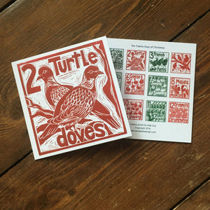 Two Turtle Doves Greetings Card Lino cut by Kate Guy