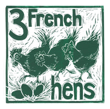 Load image into Gallery viewer, Three French Hens Greetings Card lino cut by Kate Guy