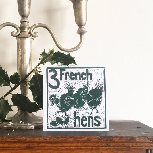 Three French Hens Greetings Card lino cut by Kate Guy
