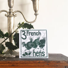 Load image into Gallery viewer, Three French Hens Greetings Card lino cut by Kate Guy