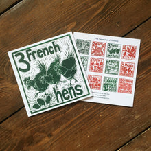 Load image into Gallery viewer, Three French Hens Greetings Card lino cut by Kate Guy