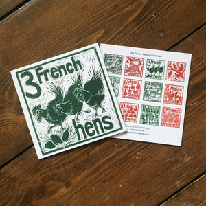 Three French Hens Greetings Card lino cut by Kate Guy