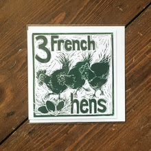 Load image into Gallery viewer, Three French Hens Greetings Card lino cut by Kate Guy