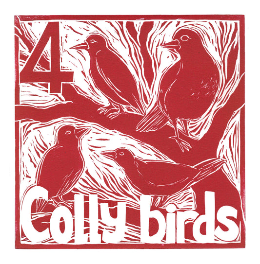 Four Colly Birds Greetings Card lino cut by Kate Guy