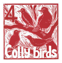 Load image into Gallery viewer, Four Colly Birds Greetings Card lino cut by Kate Guy