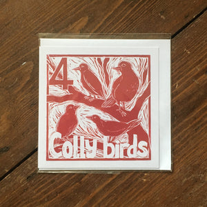 Four Colly Birds Greetings Card lino cut by Kate Guy