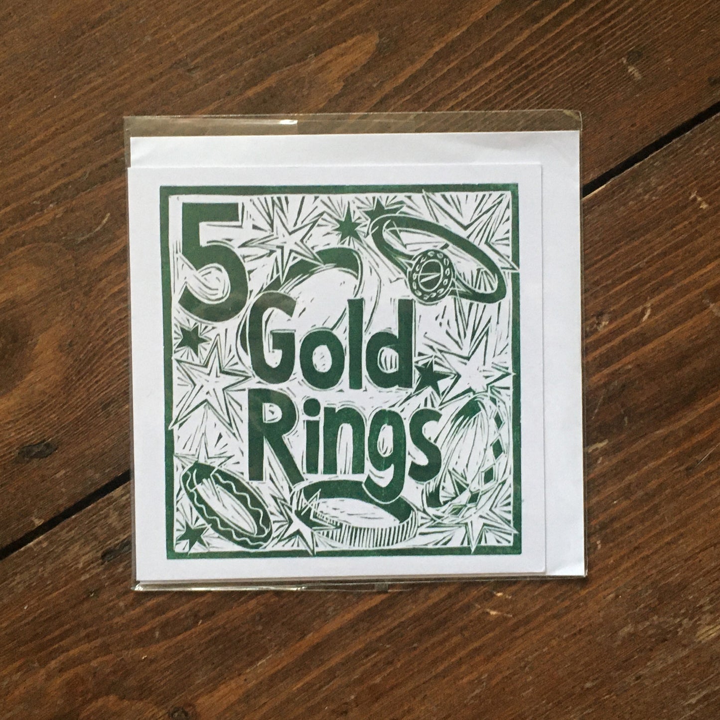 Five Gold Rings Greetings Card lino cut by Kate Guy