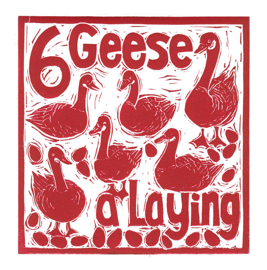 Six Geese a Laying Greetings Card lino cut by Kate Guy