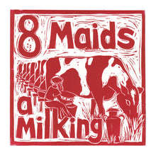 Load image into Gallery viewer, Eight Maids a Milking Greetings Card lino cut by Kate Guy