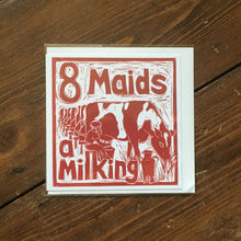 Load image into Gallery viewer, Eight Maids a Milking Greetings Card lino cut by Kate Guy
