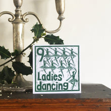Load image into Gallery viewer, Nine Ladies Dancing Greetings Card lino cut by Kate Guy