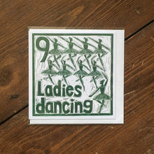 Load image into Gallery viewer, Nine Ladies Dancing Greetings Card lino cut by Kate Guy