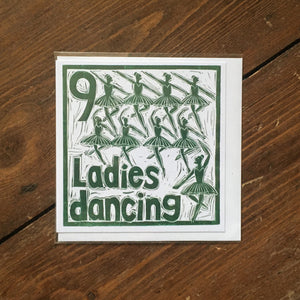 Nine Ladies Dancing Greetings Card lino cut by Kate Guy