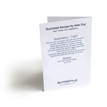 Load image into Gallery viewer, Bakewell Tart illustrated recipe greetings card. Lino cut print by Kate Guy, cooking instructions are on the back.