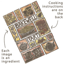 Load image into Gallery viewer, Bakewell Tart illustrated recipe greetings card. Lino cut print by Kate Guy, cooking instructions are on the back.