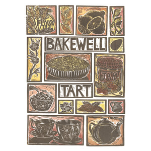 Bakewell Tart illustrated recipe greetings card. Lino cut print by Kate Guy, cooking instructions are on the back.