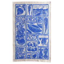 Load image into Gallery viewer, Cornish Pasty illustrated recipe tea towel Lino cut print by Kate Guy, cooking instructions are on the packaging