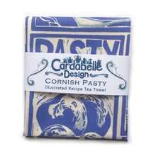 Load image into Gallery viewer, Cornish Pasty illustrated recipe tea towel Lino cut print by Kate Guy, cooking instructions are on the packaging
