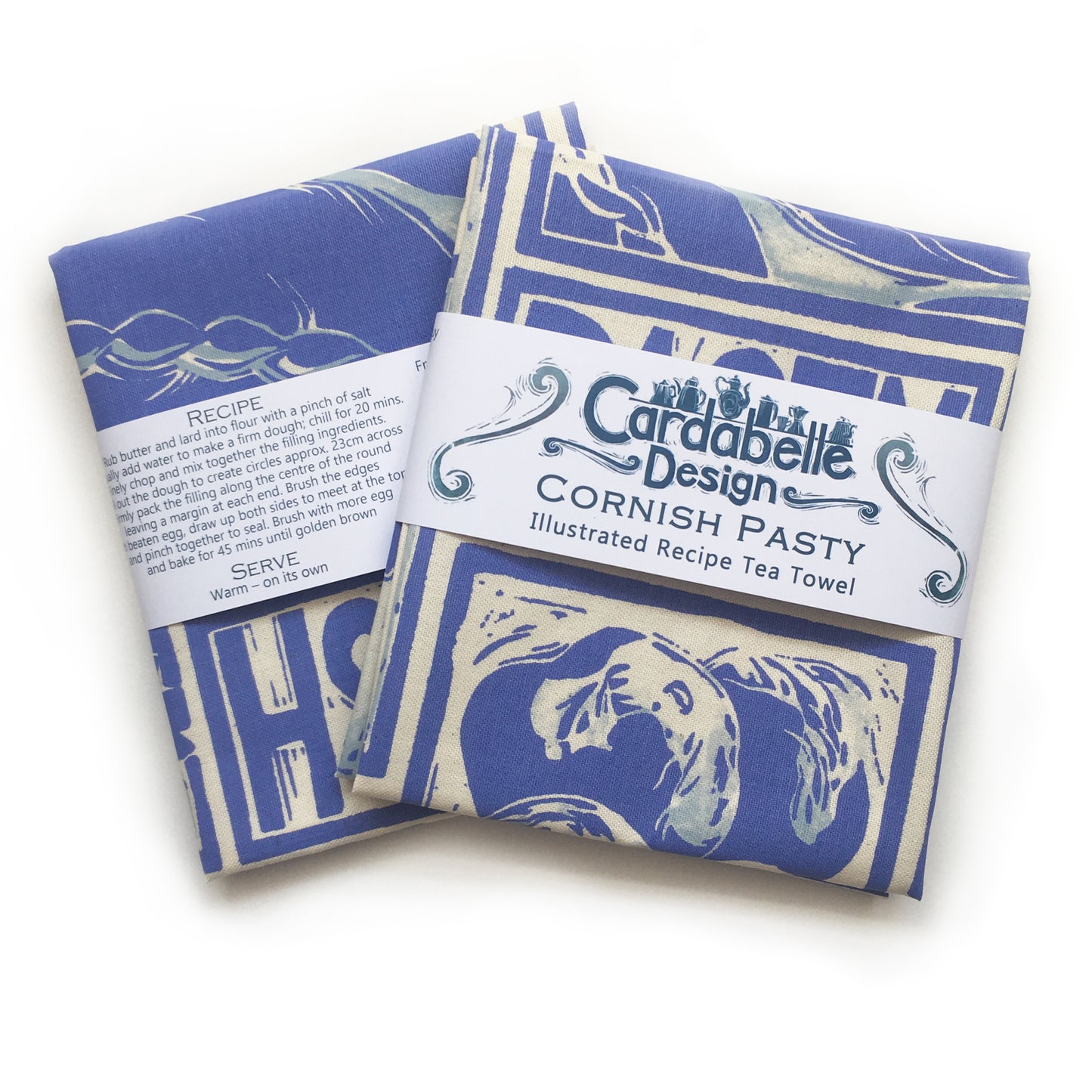 Cornish Pasty illustrated recipe tea towel Lino cut print by Kate Guy, cooking instructions are on the packaging