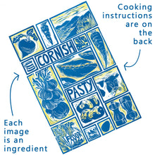 Load image into Gallery viewer, Cornish Pasty illustrated recipe greetings card. Lino cut print by Kate Guy, cooking instructions are on the back.

