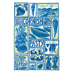 Cornish Pasty illustrated recipe greetings card. Lino cut print by Kate Guy, cooking instructions are on the back.