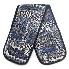 Load image into Gallery viewer, Fish Soup illustrated recipe gift set with tea towel adult apron and double oven glove with large pocket, comes with cooking instructions. lino cut print by Kate Guy
