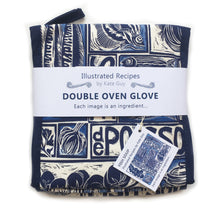 Load image into Gallery viewer, Fish Soup illustrated recipe double oven glove, comes with cooking instructions. lino cut print by Kate Guy
