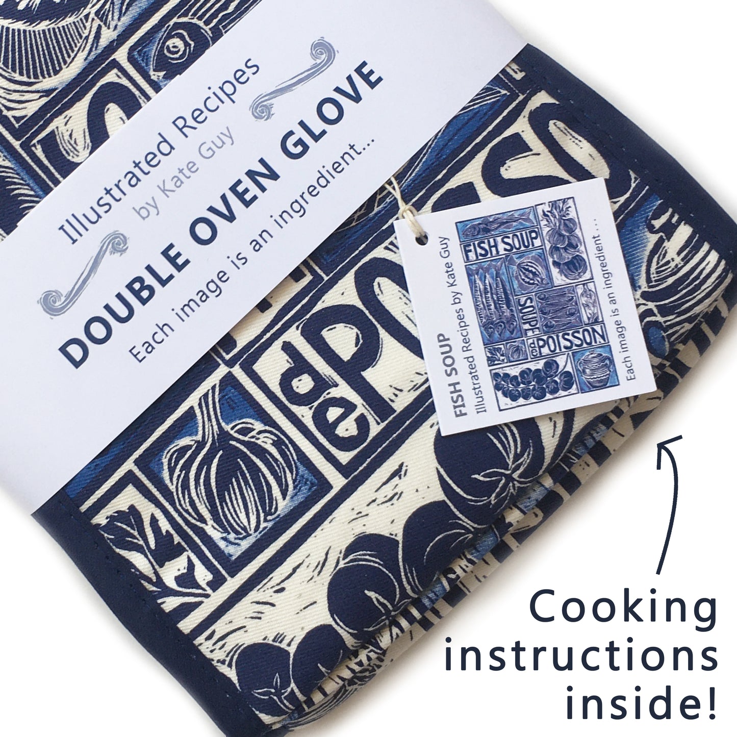 Fish Soup illustrated recipe double oven glove, comes with cooking instructions. lino cut print by Kate Guy