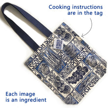 Load image into Gallery viewer, Fish Soup illustrated recipe long handled tote bag, comes with cooking instructions. lino cut print by Kate Guy