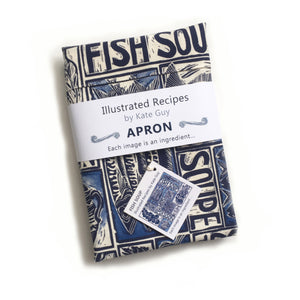 Fish Soup illustrated recipe adult apron with large pocket, comes with cooking instructions. lino cut print by Kate Guy