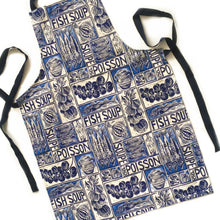 Load image into Gallery viewer, Fish Soup illustrated recipe adult apron with large pocket, comes with cooking instructions. lino cut print by Kate Guy