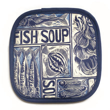 Load image into Gallery viewer, Fish Soup illustrated recipe pot holder, comes with cooking instructions. lino cut print by Kate Guy
