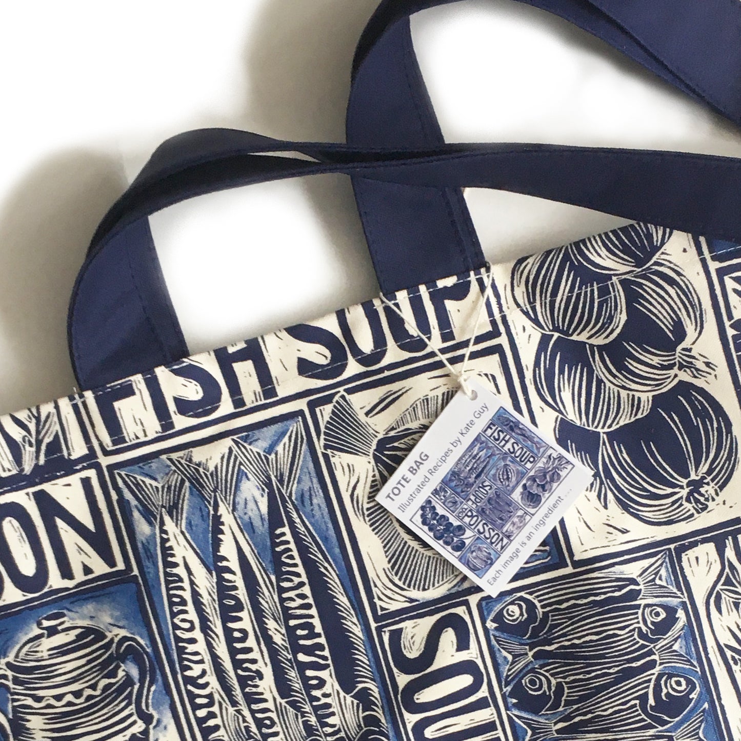 Fish Soup illustrated recipe long handled tote bag, comes with cooking instructions. lino cut print by Kate Guy