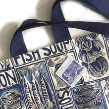 Load image into Gallery viewer, Fish Soup illustrated recipe long handled tote bag, comes with cooking instructions. lino cut print by Kate Guy