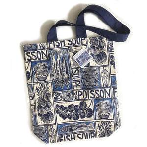 Fish Soup illustrated recipe long handled tote bag, comes with cooking instructions. lino cut print by Kate Guy