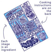 Load image into Gallery viewer, Fish Soup illustrated recipe greetings card with cooking instructions on the back. Original lino cut print by Kate Guy
