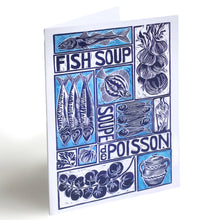 Load image into Gallery viewer, Fish Soup illustrated recipe greetings card with cooking instructions on the back. Original lino cut print by Kate Guy
