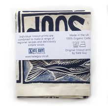 Load image into Gallery viewer, Fish Soup illustrated recipe organic cotton tea towel with cooking instructions on the pack. Original lino cut print by Kate Guy