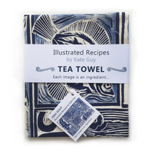 Load image into Gallery viewer, Fish Soup illustrated recipe organic cotton tea towel with cooking instructions on the pack. Original lino cut print by Kate Guy
