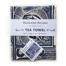 Load image into Gallery viewer, Fish Soup illustrated recipe organic cotton tea towel with cooking instructions on the pack. Original lino cut print by Kate Guy
