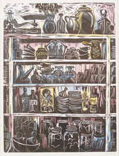 Load image into Gallery viewer, French Country Kitchen Linocut Print Shelves of Home Grown Produce and Kitchen Equipment in Balck and White with Hand Painted Colour Details