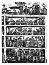 Load image into Gallery viewer, French Country Kitchen Linocut Print Shelves of Home Grown Produce and Kitchen Equipment in Printed in Black and White